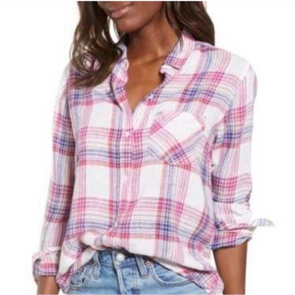 Rails Tops - RAILS Women’s Charli Linen Pink and White Plaid Button Front Shirt S